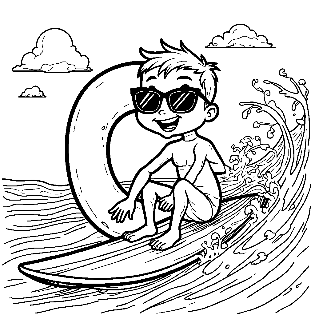 The letter C sitting on a surfboard riding a wave