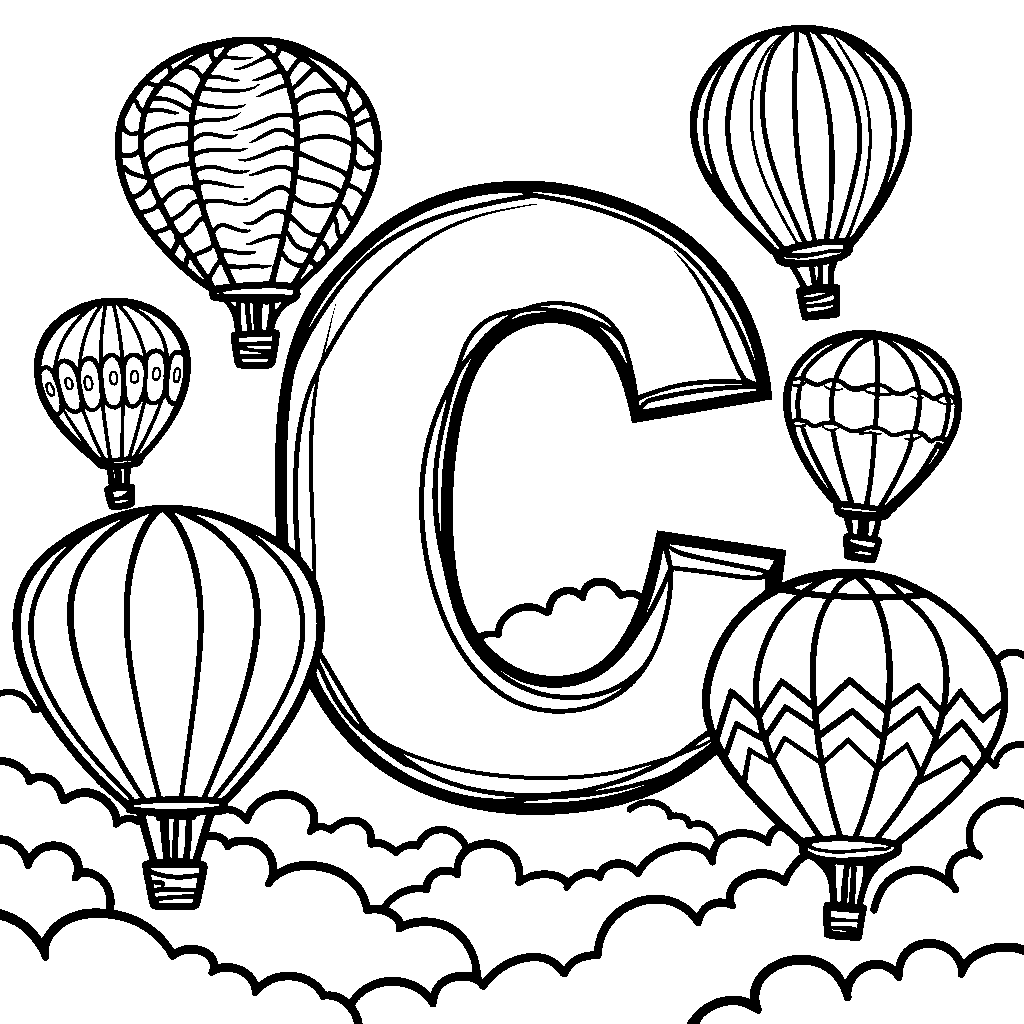 The letter C surrounded by colorful hot air balloons in the sky