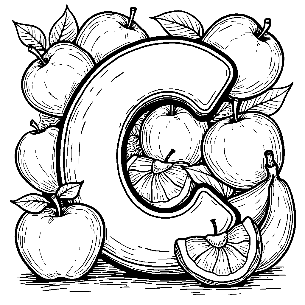 The letter C surrounded by various fruits like apples, bananas, and oranges