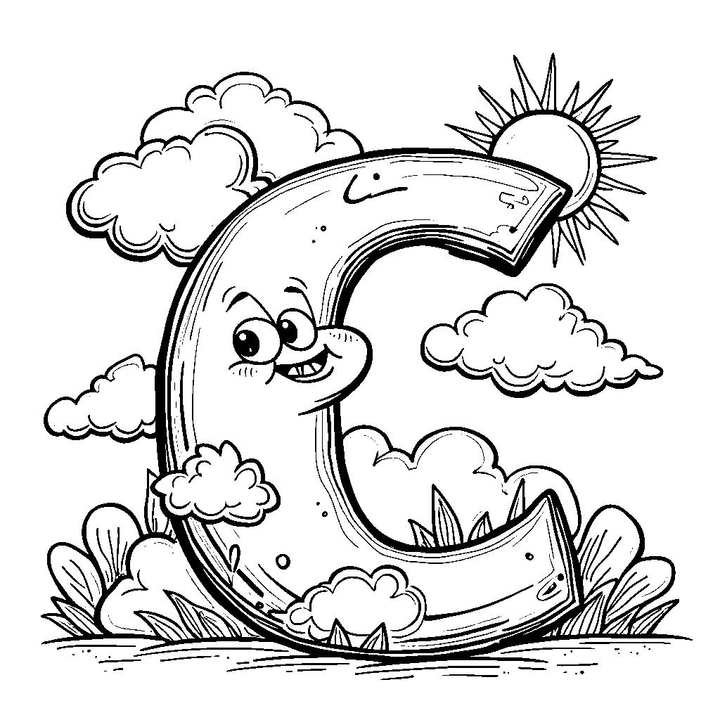 The letter C with cartoon clouds and a sun peeking out from behind them