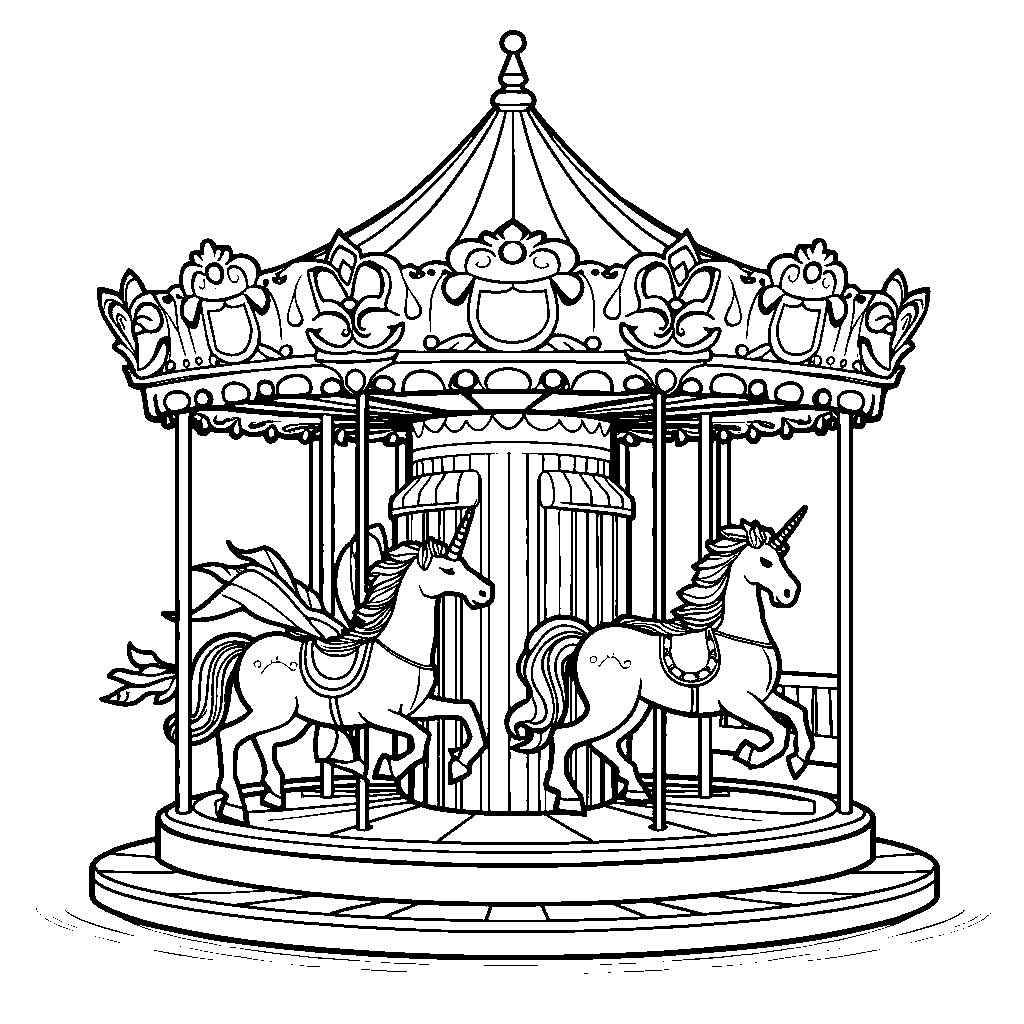 A carousel car adorned with colorful unicorns