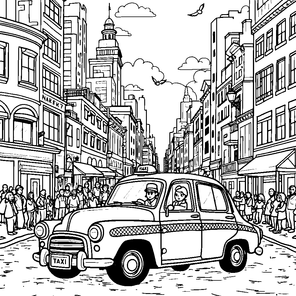 A cartoonish taxi cab driving through a busy city