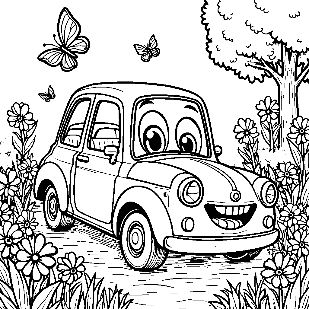 A cheerful car surrounded by flowers in a garden