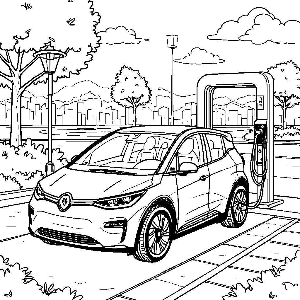 A colorful electric car charging at a station