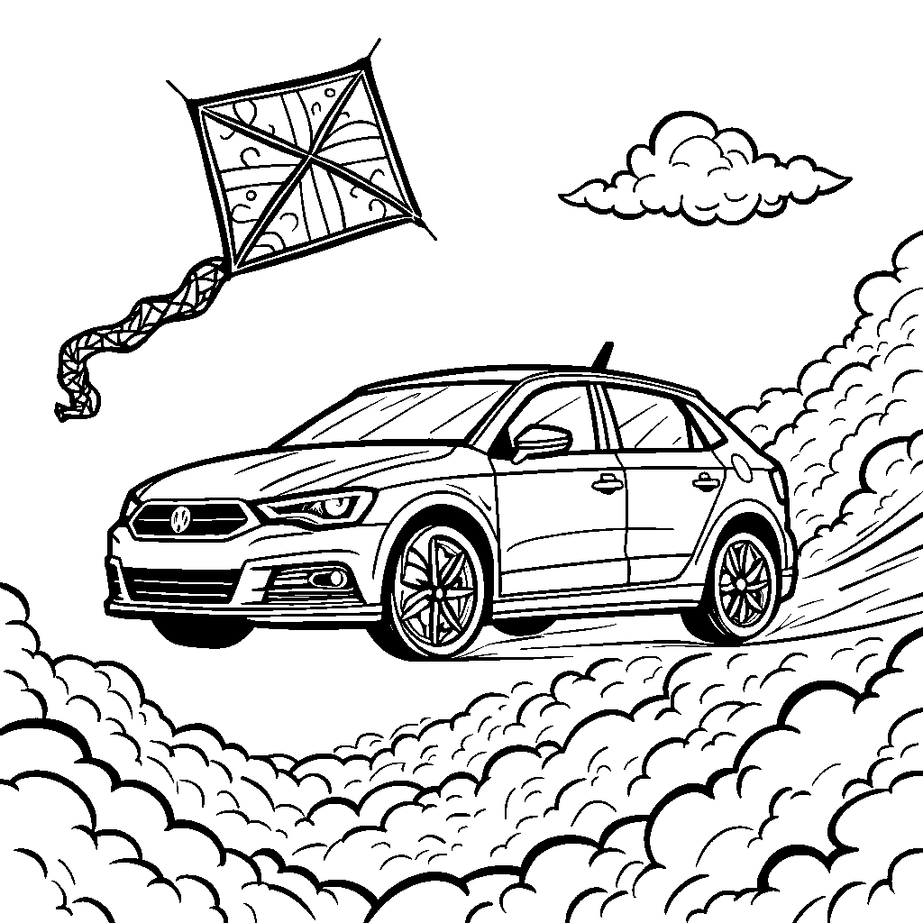 A colorful kite-shaped car soaring high in the sky