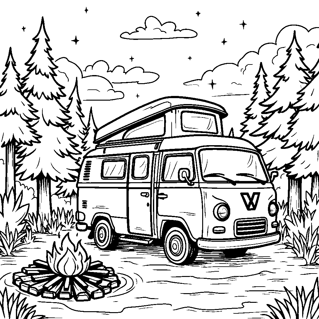 A cozy campervan parked near a campfire