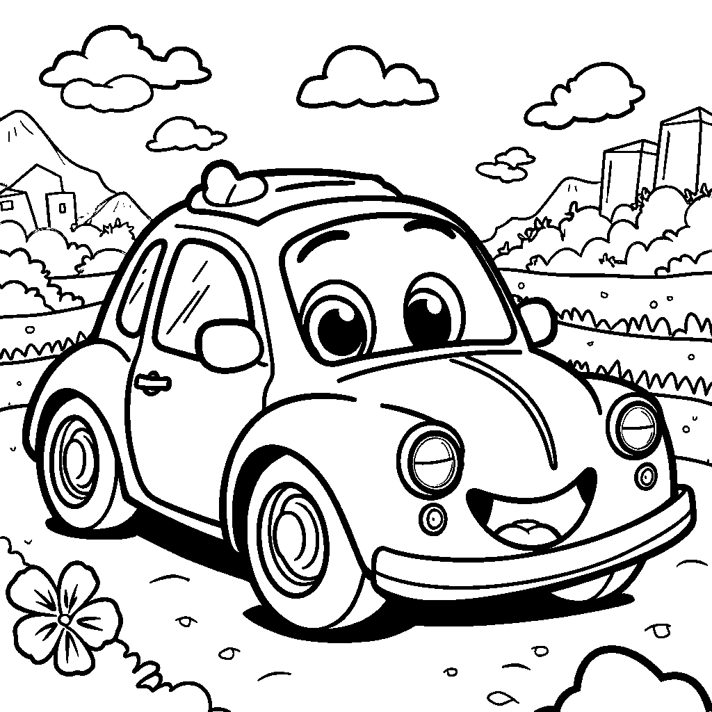 A cute car with big, friendly eyes and a smile