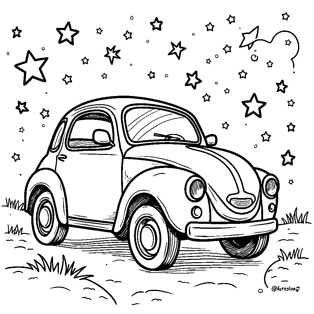 A dreamy car surrounded by sparkling stars