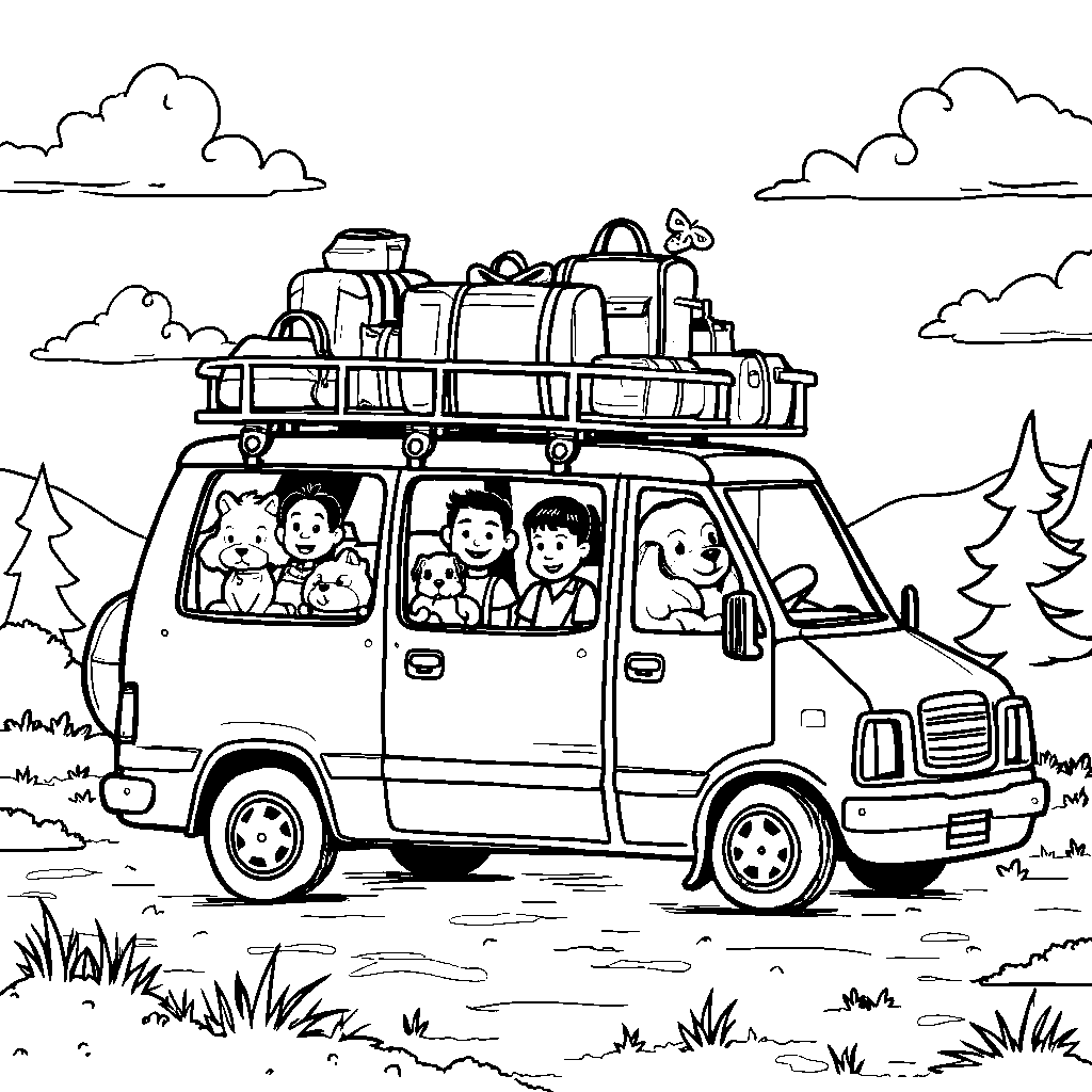 A family minivan packed with luggage and pets