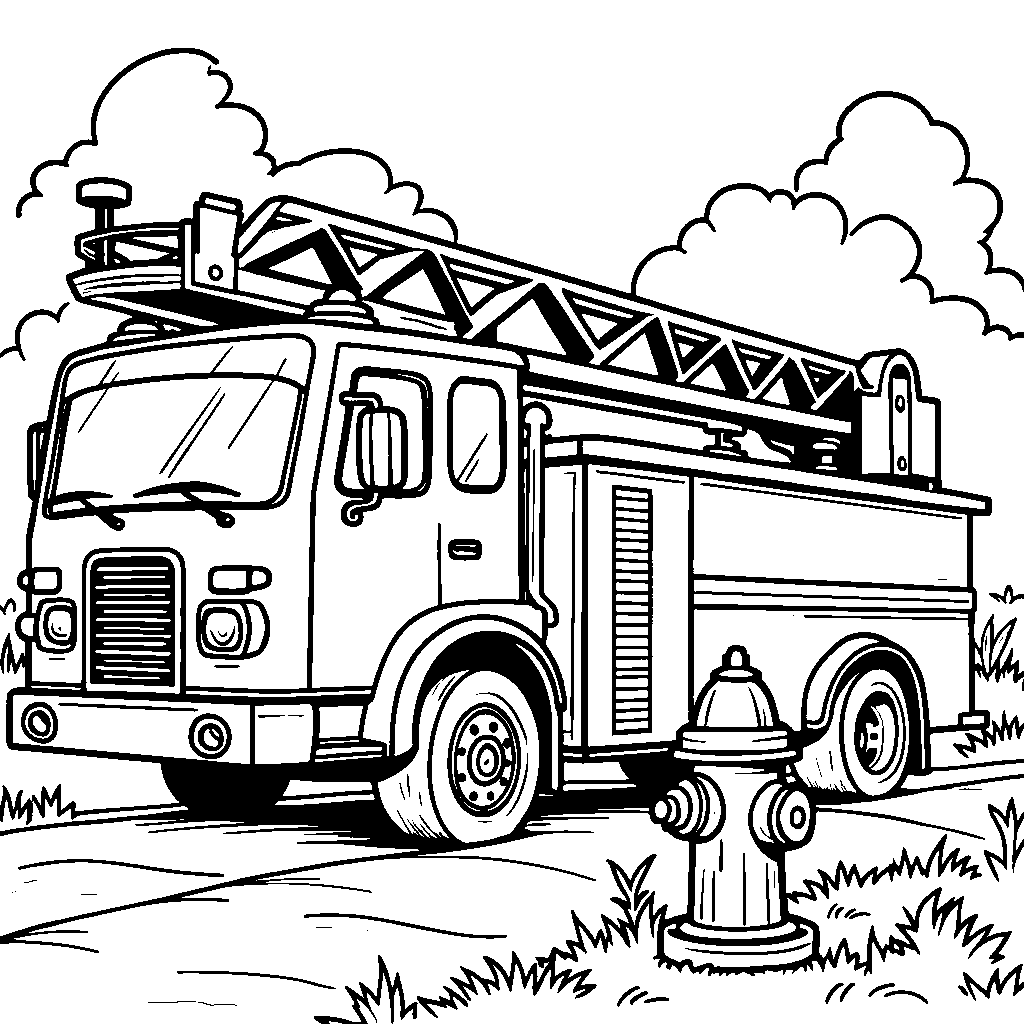 A fire truck with a ladder and hydrant in the background