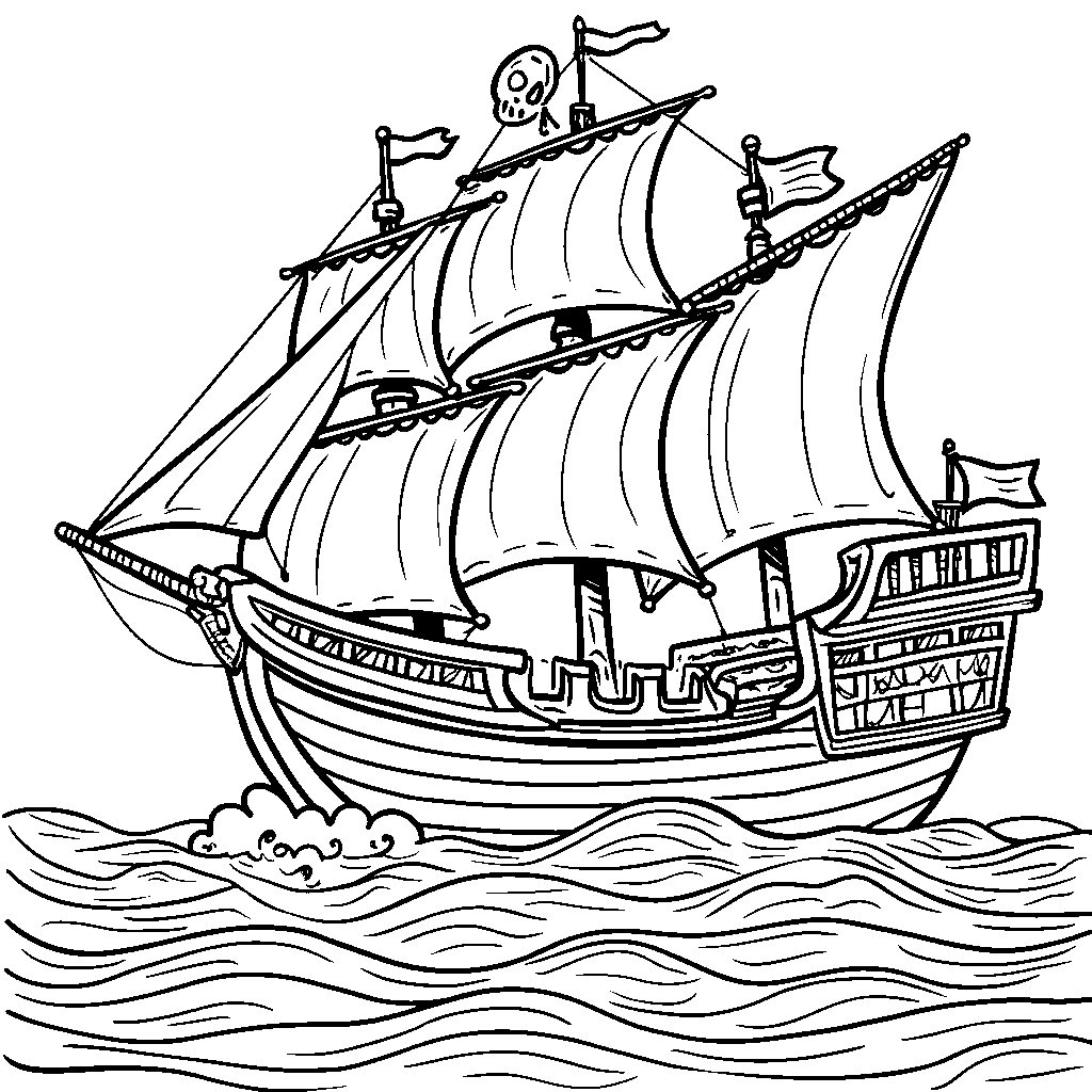 A pirate ship car sailing on an ocean of waves