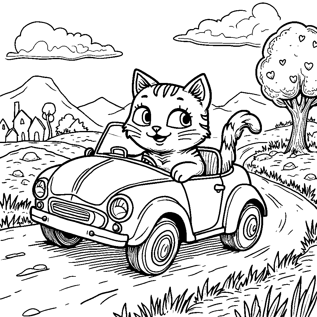 A playful cat-shaped car driving along a winding road