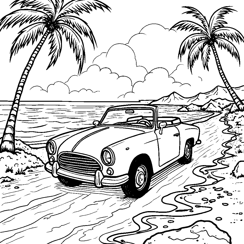 A serene car driving along a sunset beach