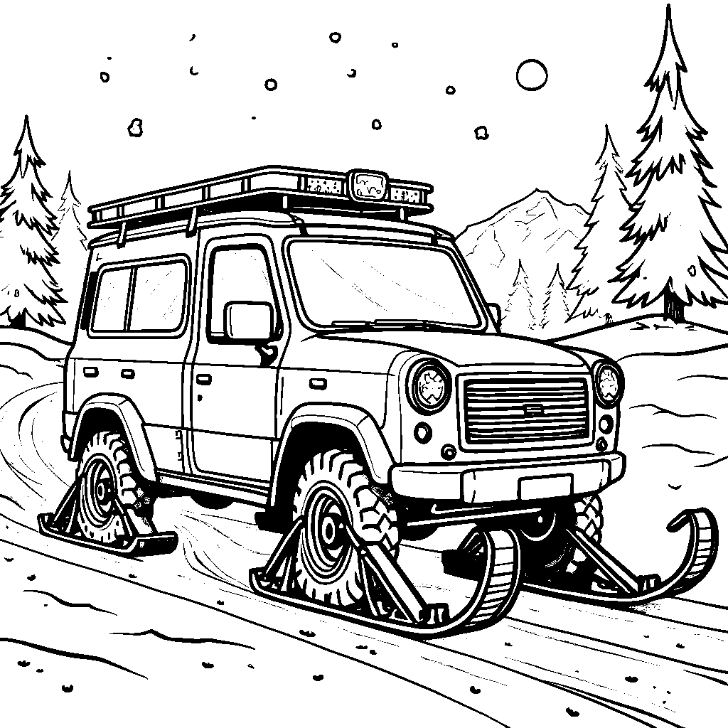 A snowy rescue vehicle with snowshoes on the wheels