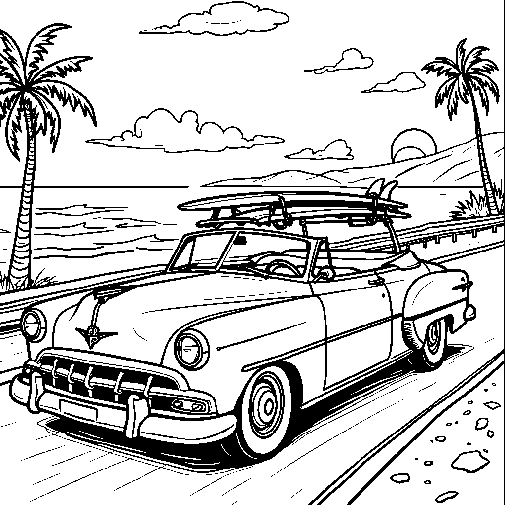 A vintage convertible with surfboards on the roof