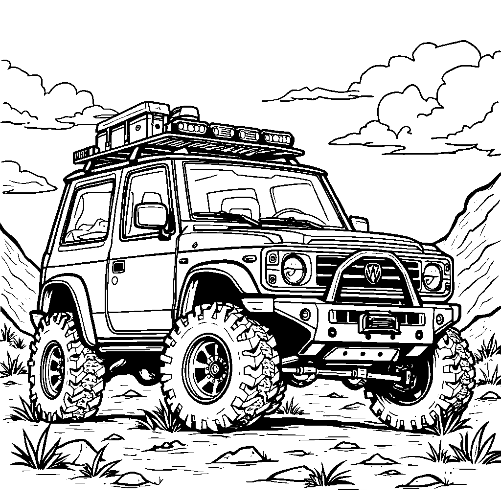 An off-road vehicle with rugged tires and adventure gear