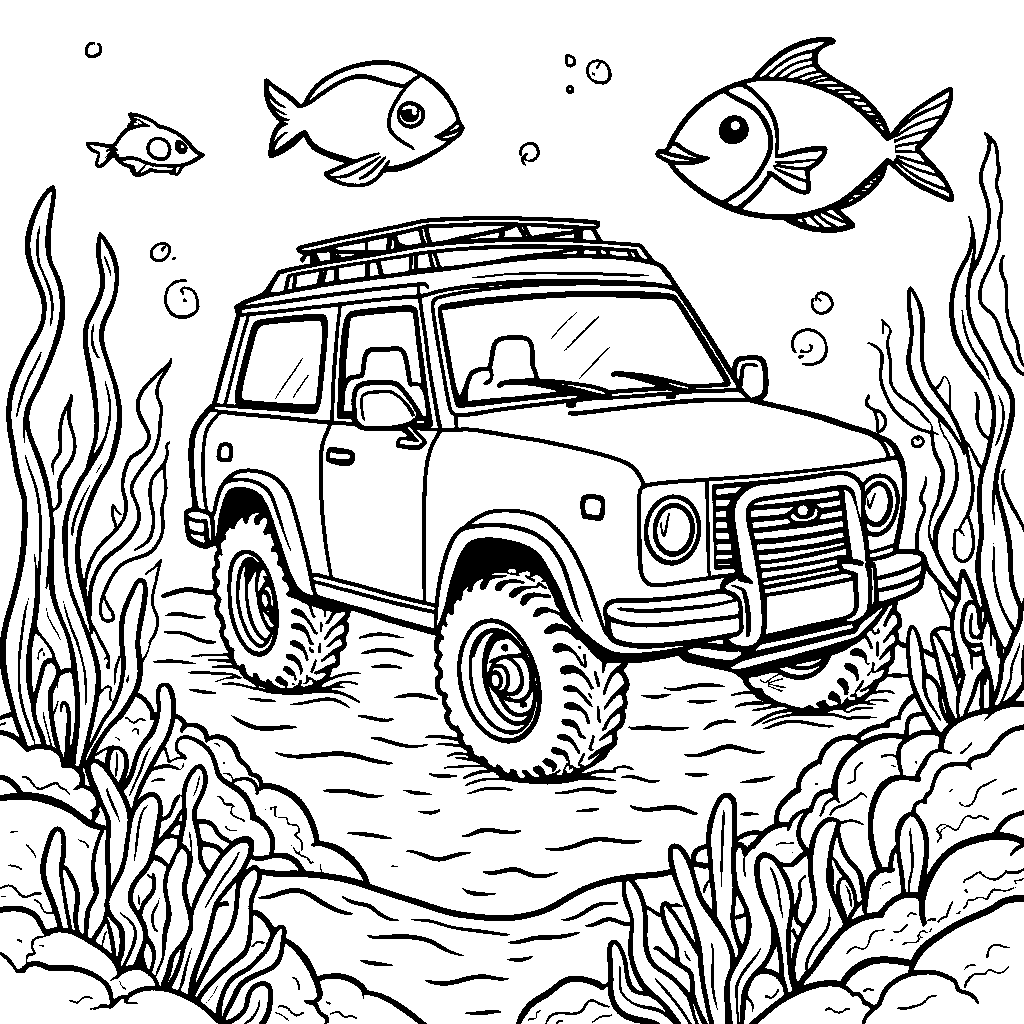 An underwater car exploring a sea filled with fish