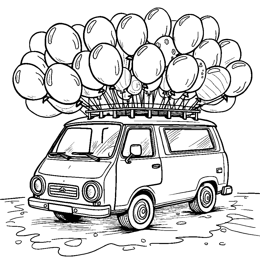 A delivery van filled with colorful balloons