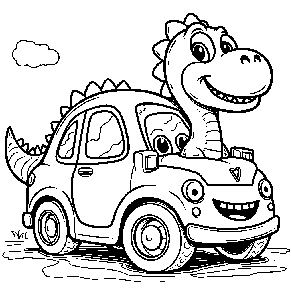 A dinosaur-shaped car with a friendly face