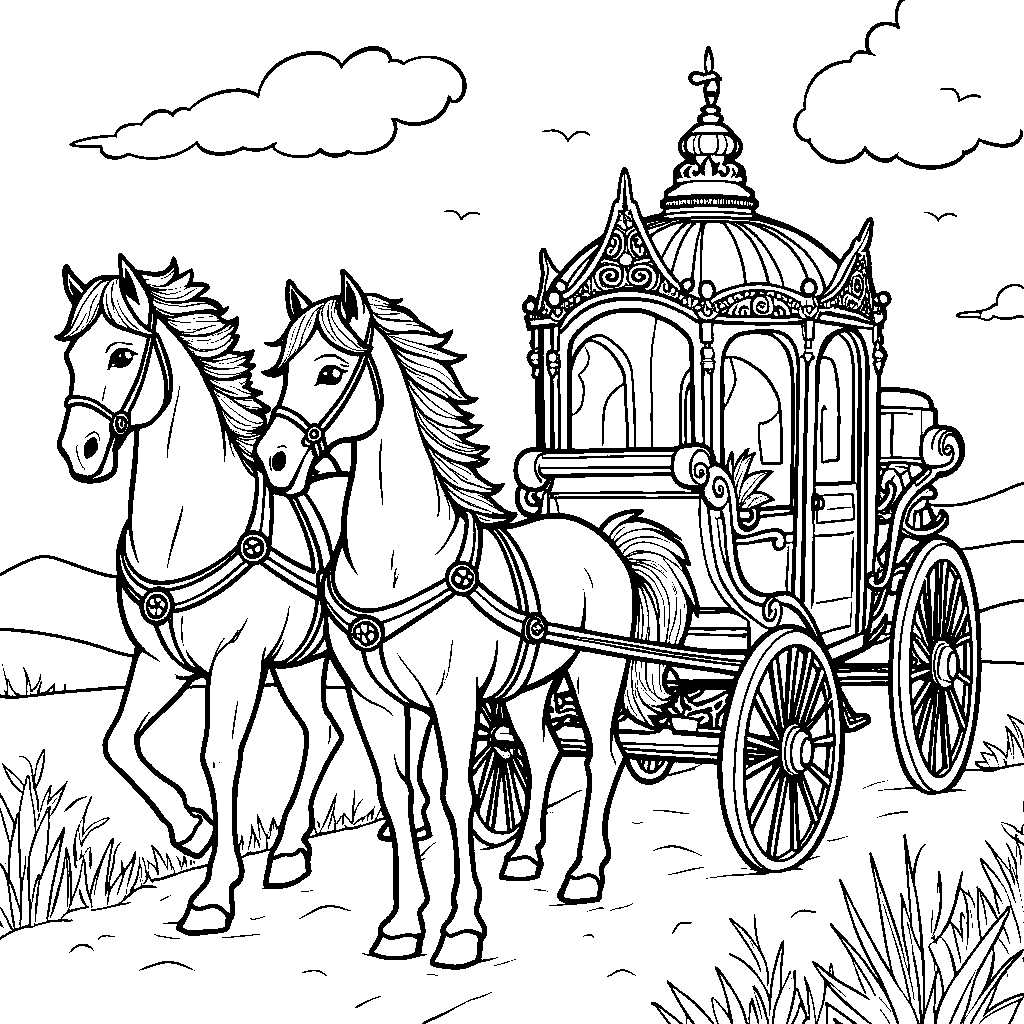 A fairy tale carriage pulled by whimsical horses