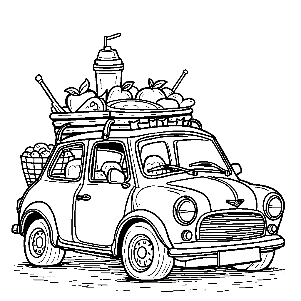 A picnic-themed car filled with food and drinks