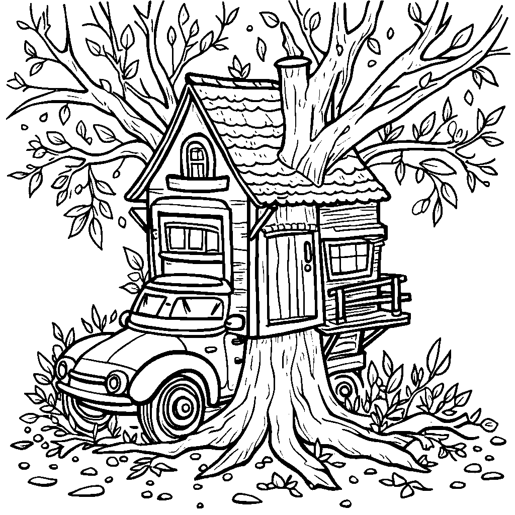 A treehouse car surrounded by branches and leaves