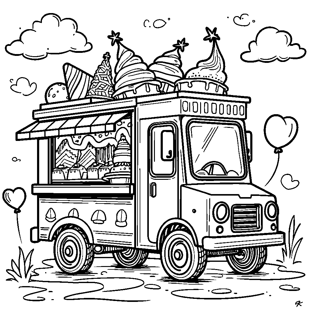 A whimsical ice cream truck with colorful decorations