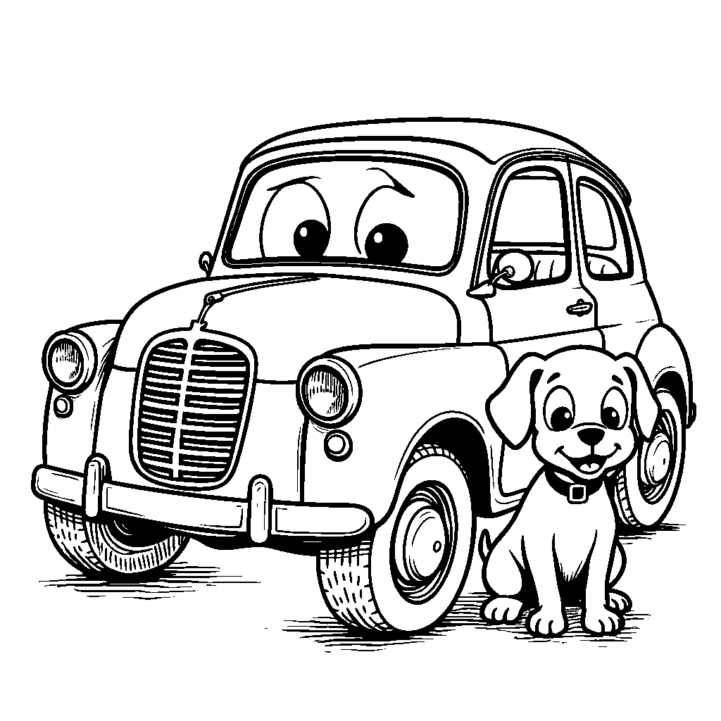 Wide-eyed classic car with a sidekick dog