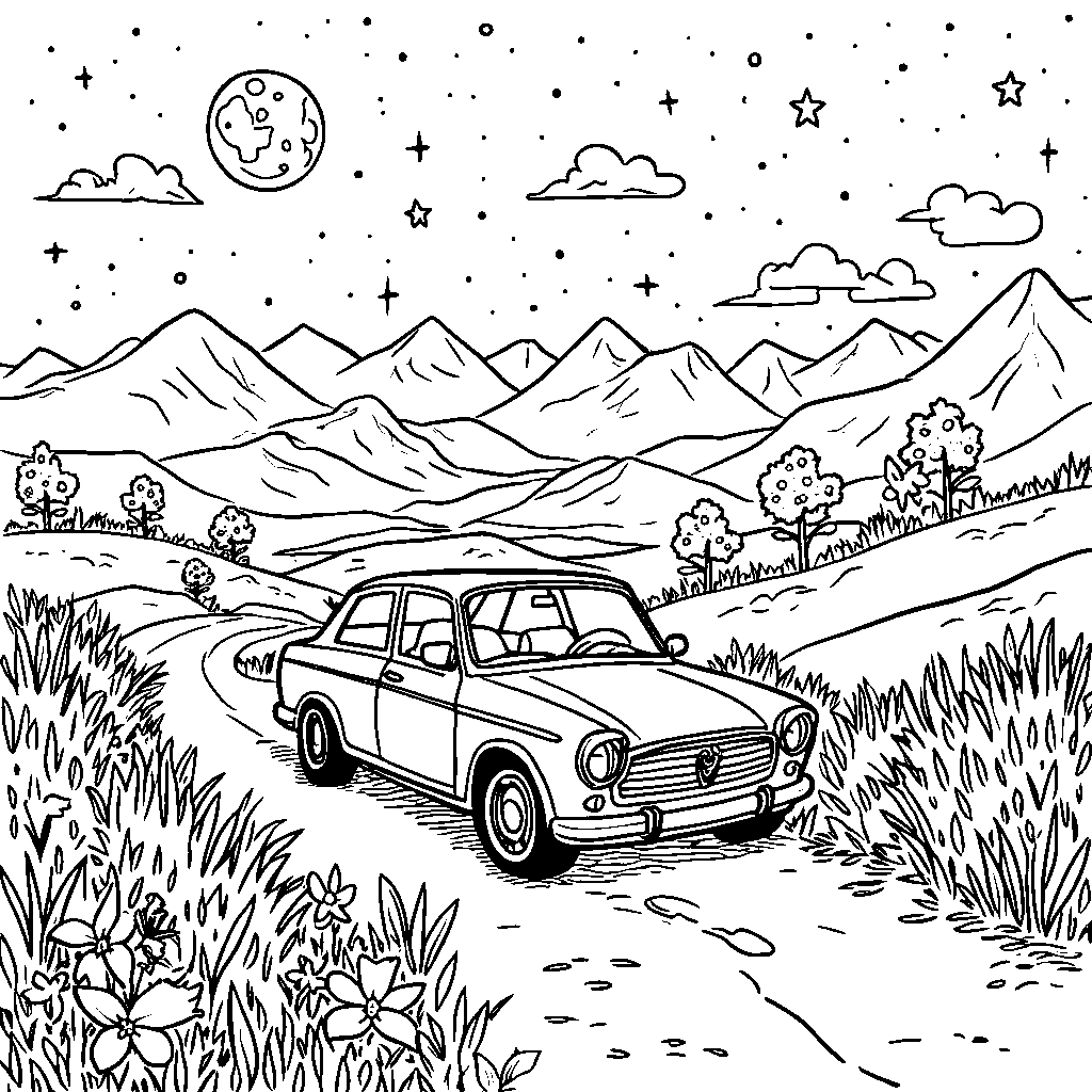 A car driving through a magical, starry night