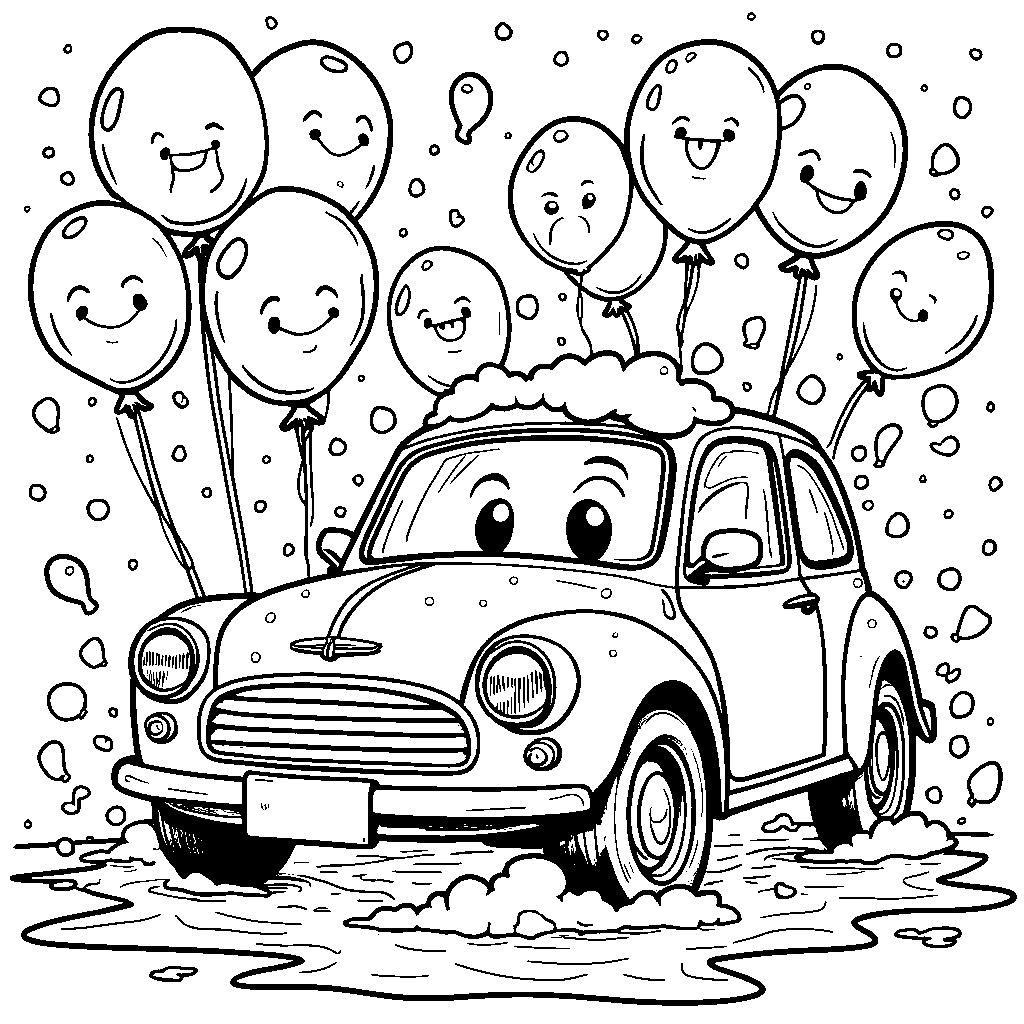 A car wash with soap bubbles and smiling faces