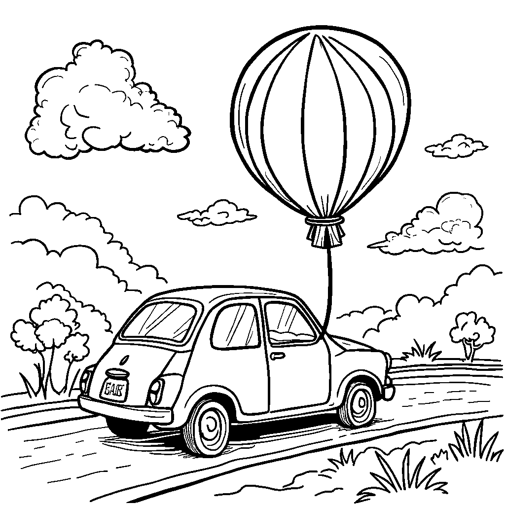 A car with a big, colorful balloon tied to the back