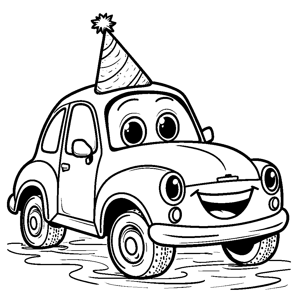 A car with a big, happy face and a party hat