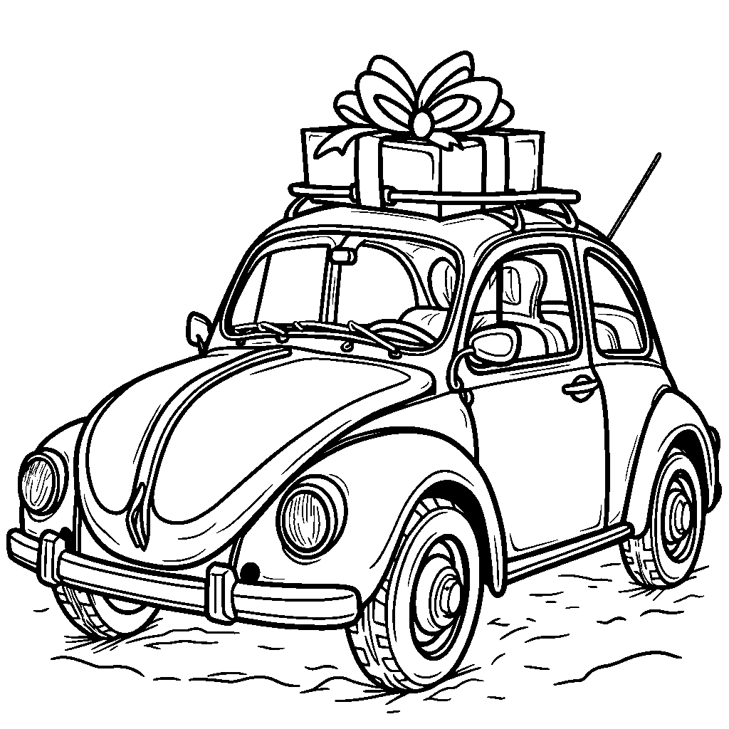 A car with a big, red bow and a present inside