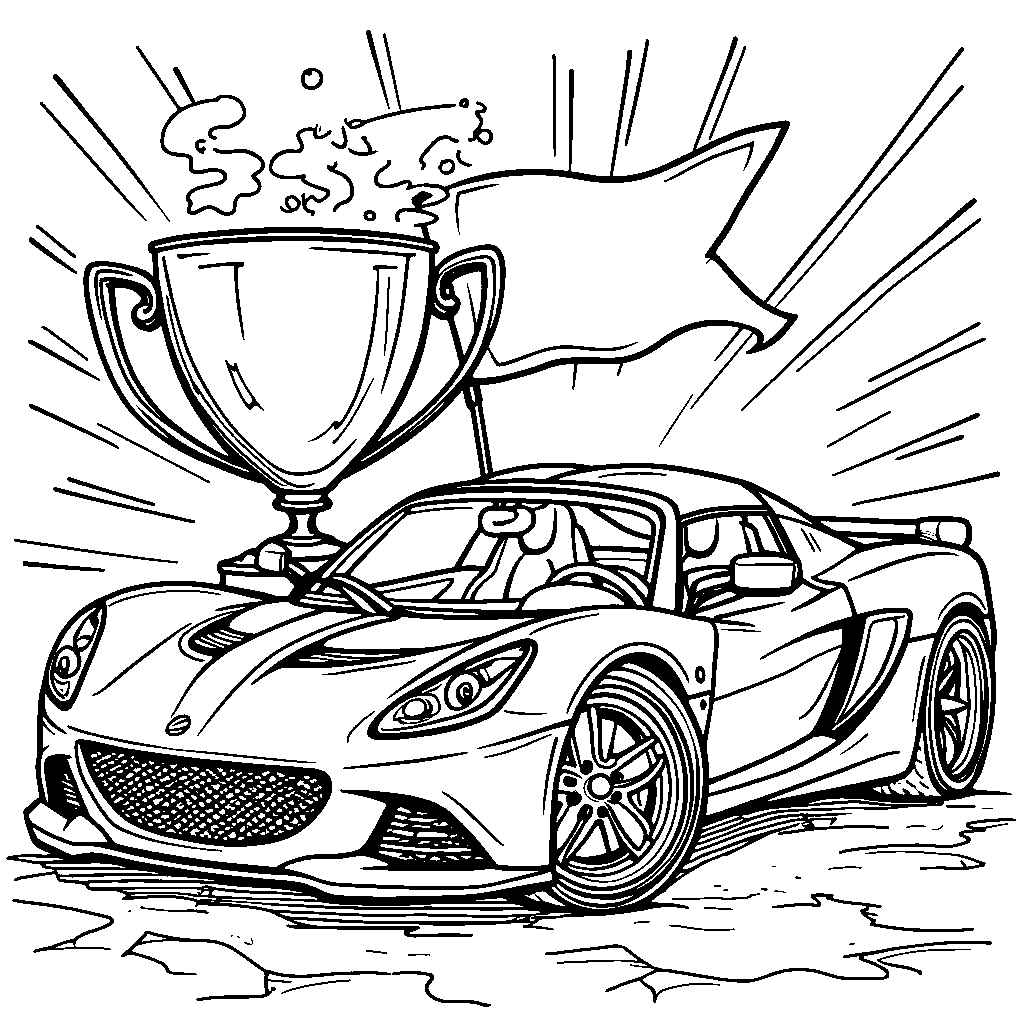 A car with a big, shiny trophy and a winner's flag