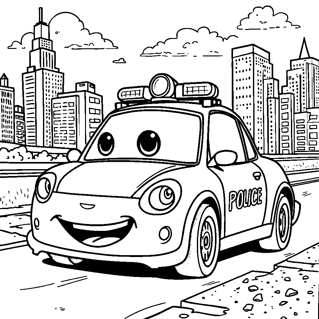 A police car with flashing lights and a big smile