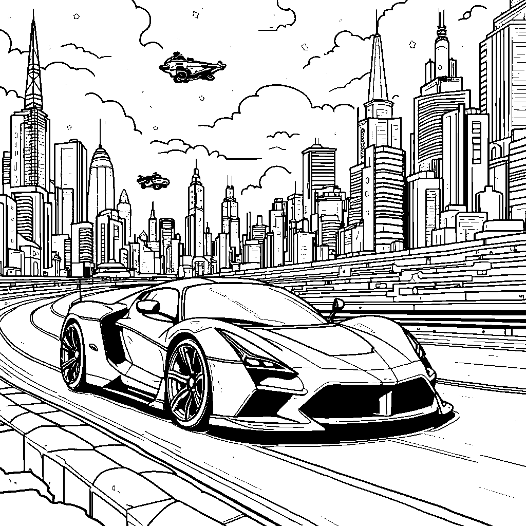 A car driving through a futuristic, sci-fi city