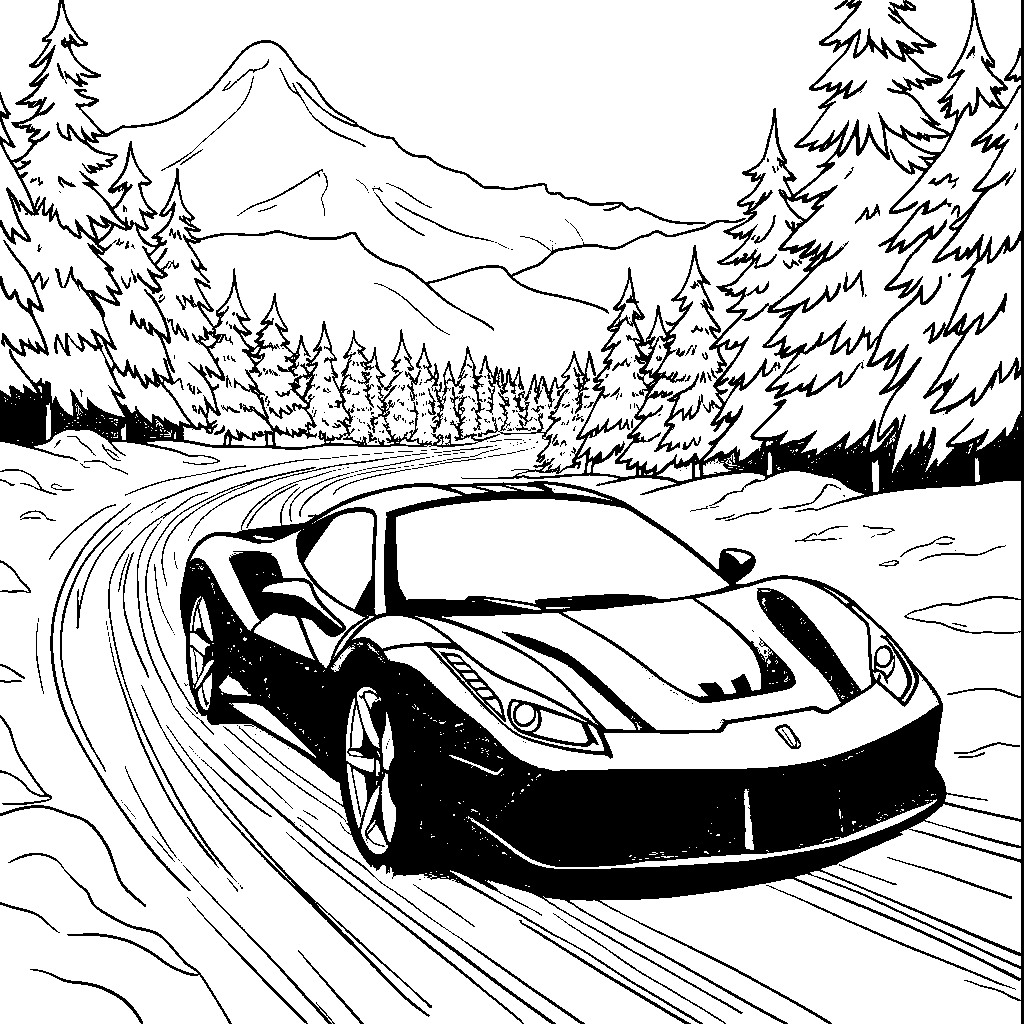 A car racing through a snowy, winter wonderland