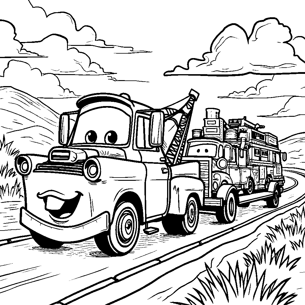 Mater towing a trailer full of friends