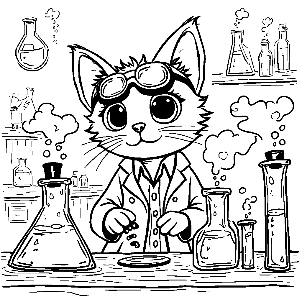 A cat as a scientist mixing colorful potions in a lab