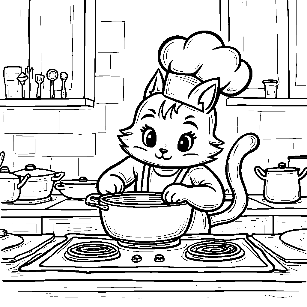 A cat dressed as a chef cooking up a storm in a kitchen