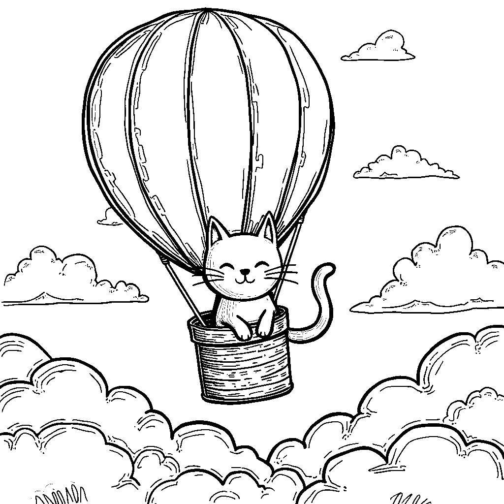 A cat in a hot air balloon soaring above the clouds