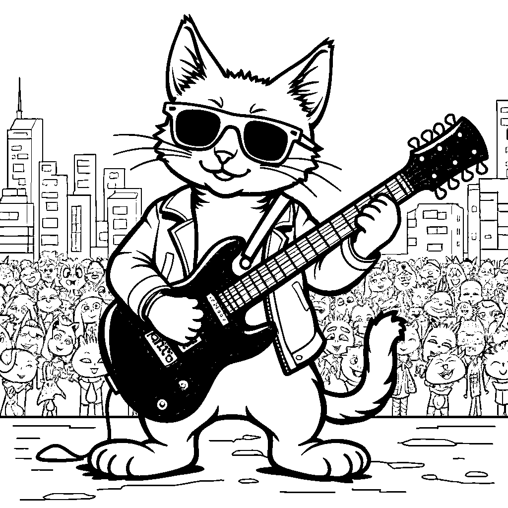 A cat playing a guitar in a rock band