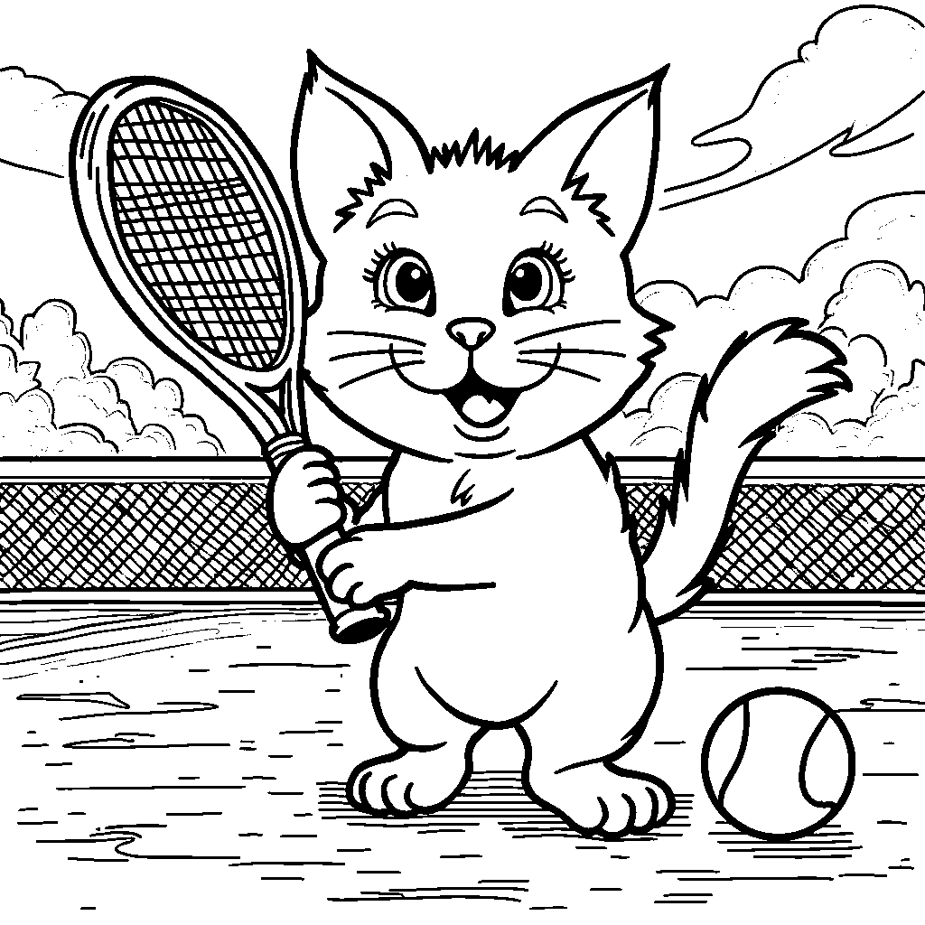 A cat playing tennis with a racket and ball