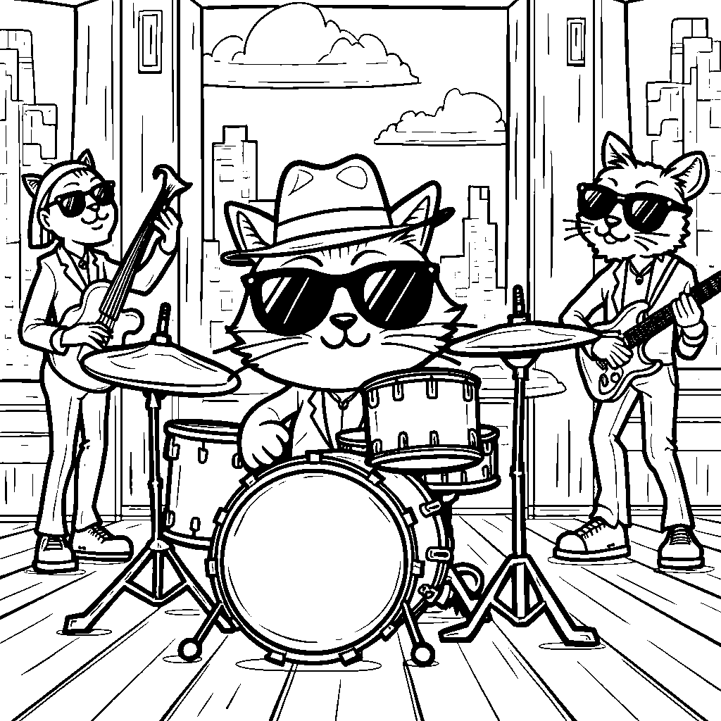 A cat playing the drums in a jazz band