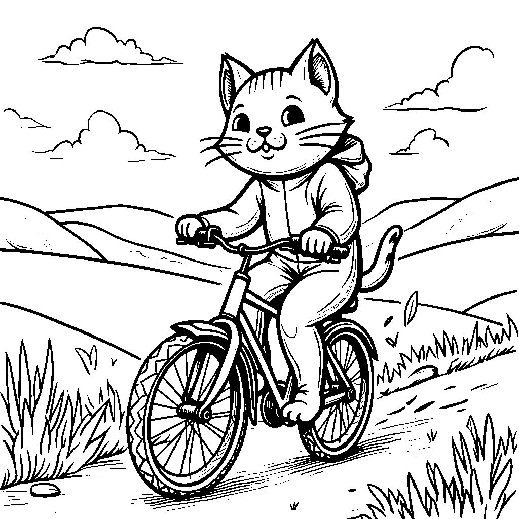 A cat riding a bicycle through a sunny countryside