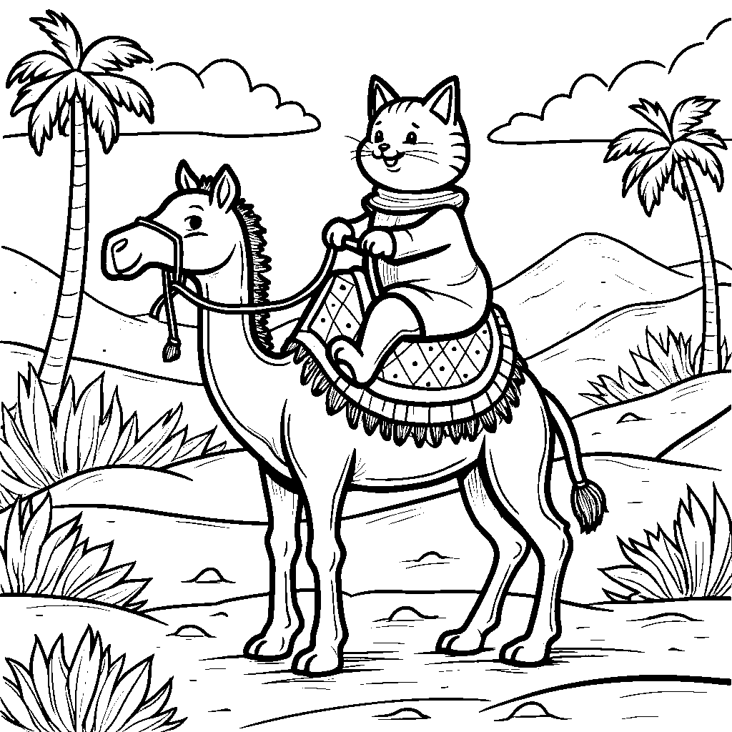 A cat riding a camel through the desert