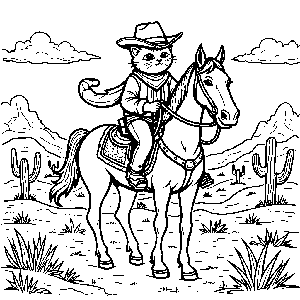 A cat riding a horse through the Wild West