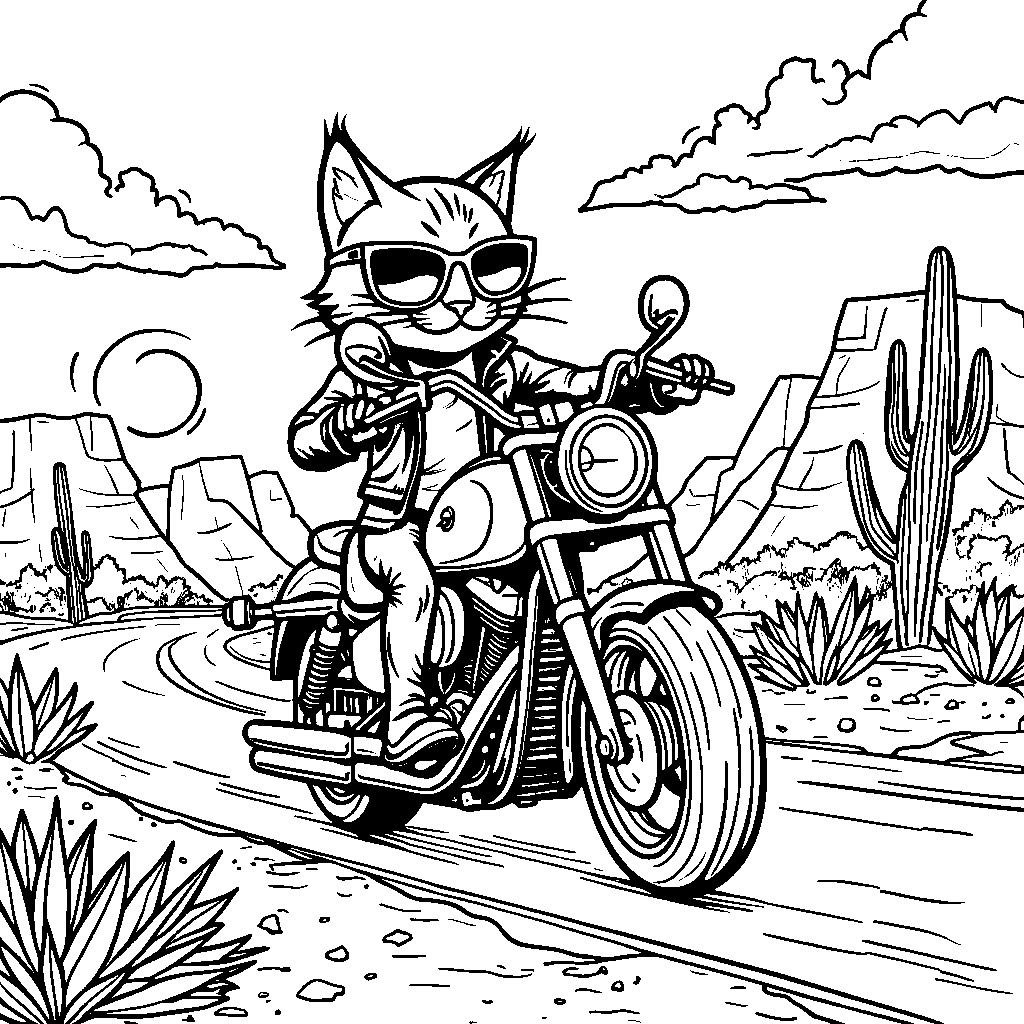 A cat riding a motorcycle through a desert highway