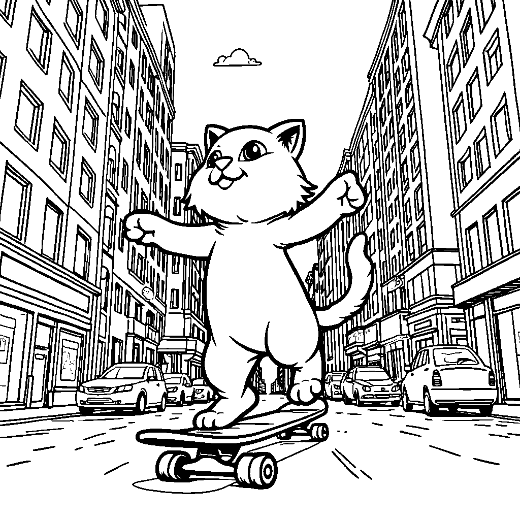 A cat riding a skateboard through a city street