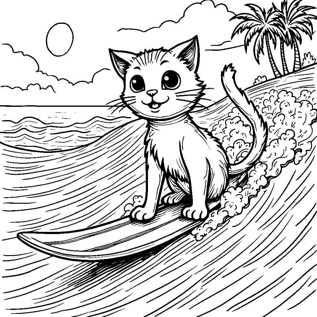 A cat riding a surfboard on a wave